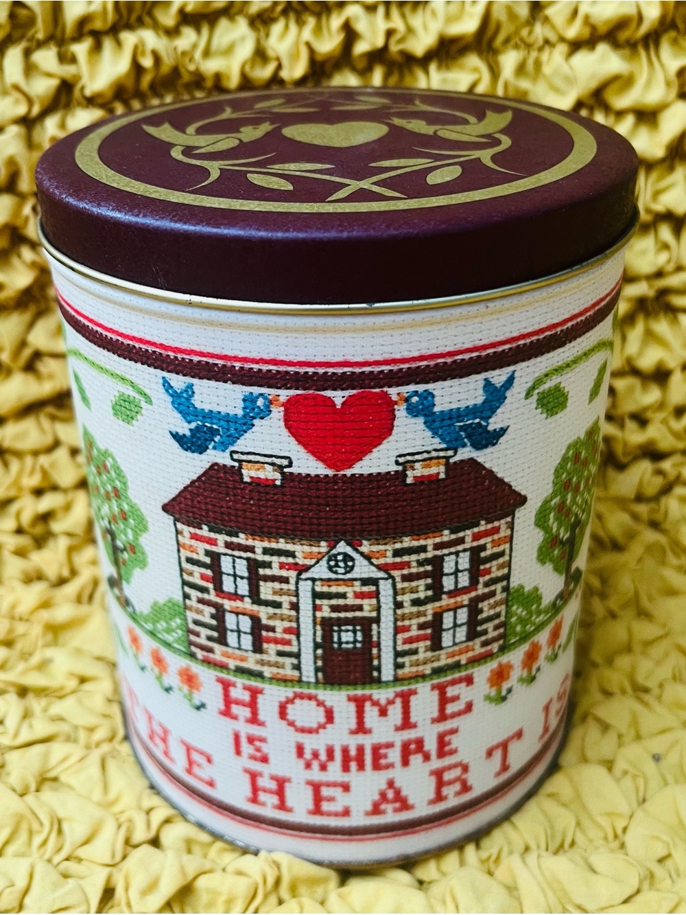 Cottage Core Embroidered "Home Is Where The Heart Is" Decorative Tin
